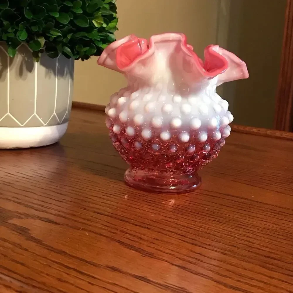 Vintage cranberry Fenton hobnail vase